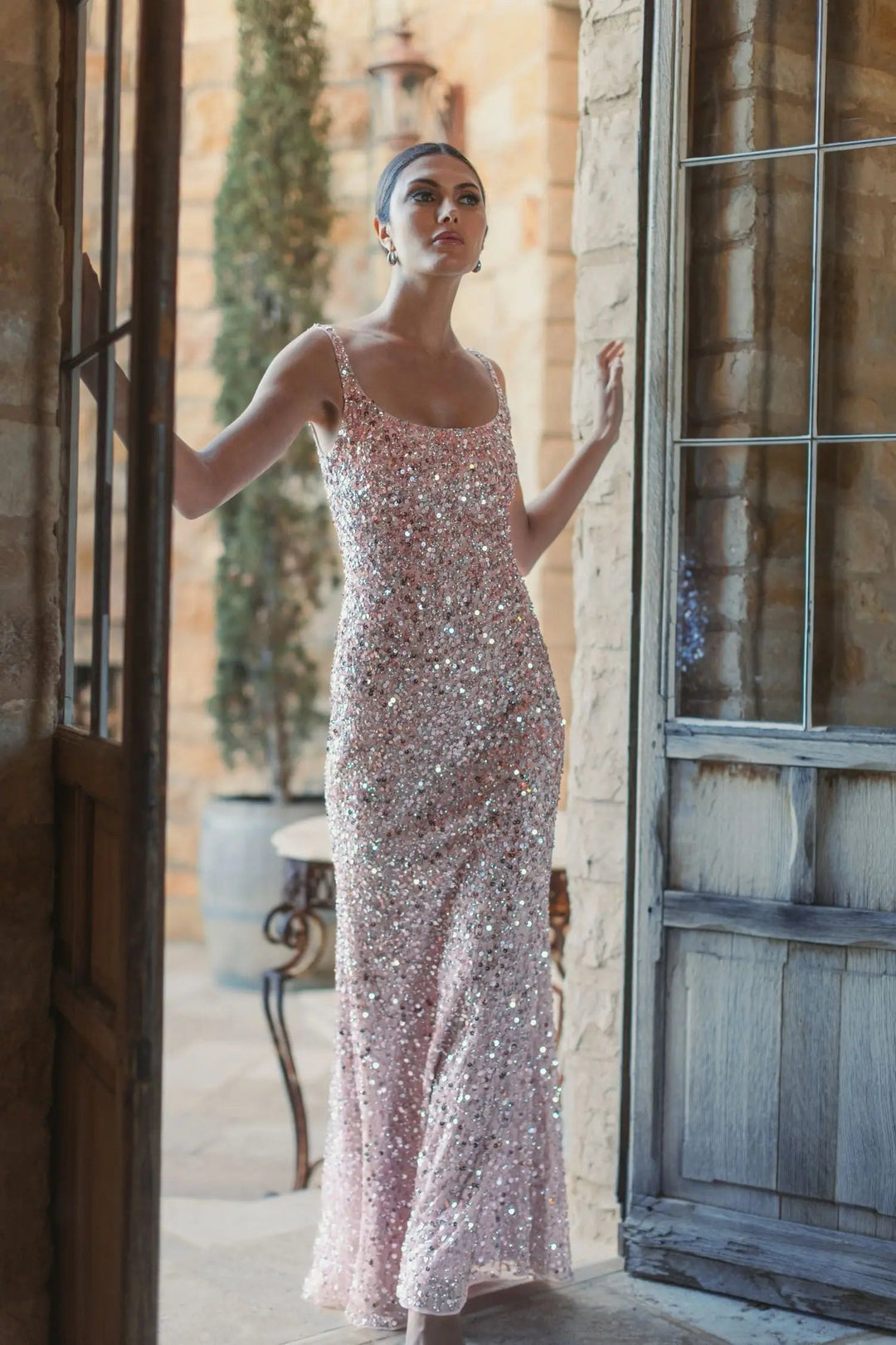 Mac Duggal 10705 Pink Sequined Low Back Slip Gown