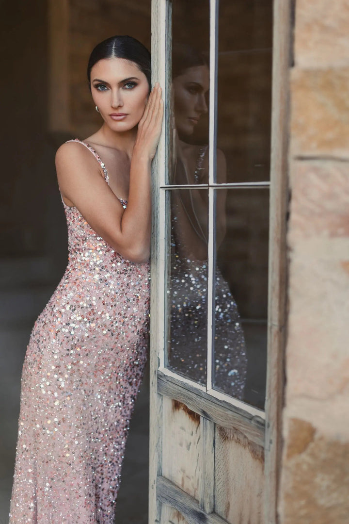 Mac Duggal 10705 Pink Sequined Low Back Slip Gown