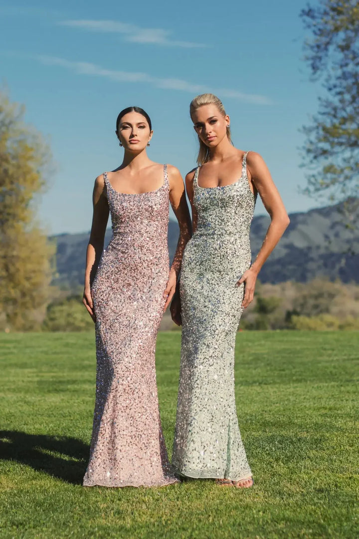 Mac Duggal 10705 Pink Sequined Low Back Slip Gown