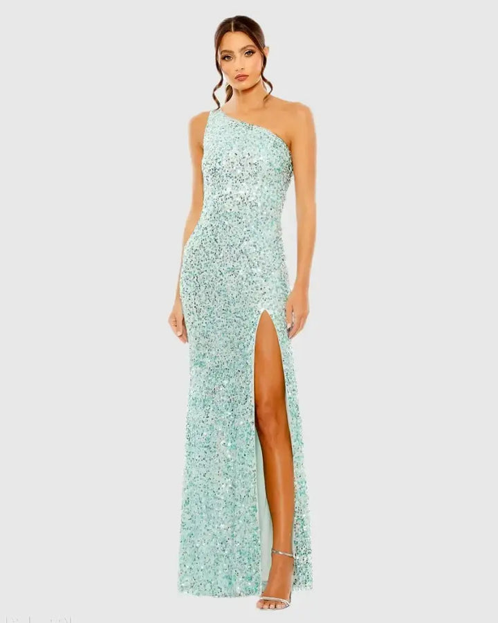 Mac Duggal 10729 Beige Sequin One Shoulder Gown With Slit