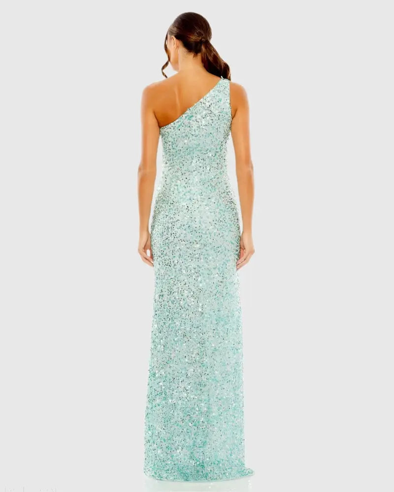 Mac Duggal 10729 Beige Sequin One Shoulder Gown With Slit