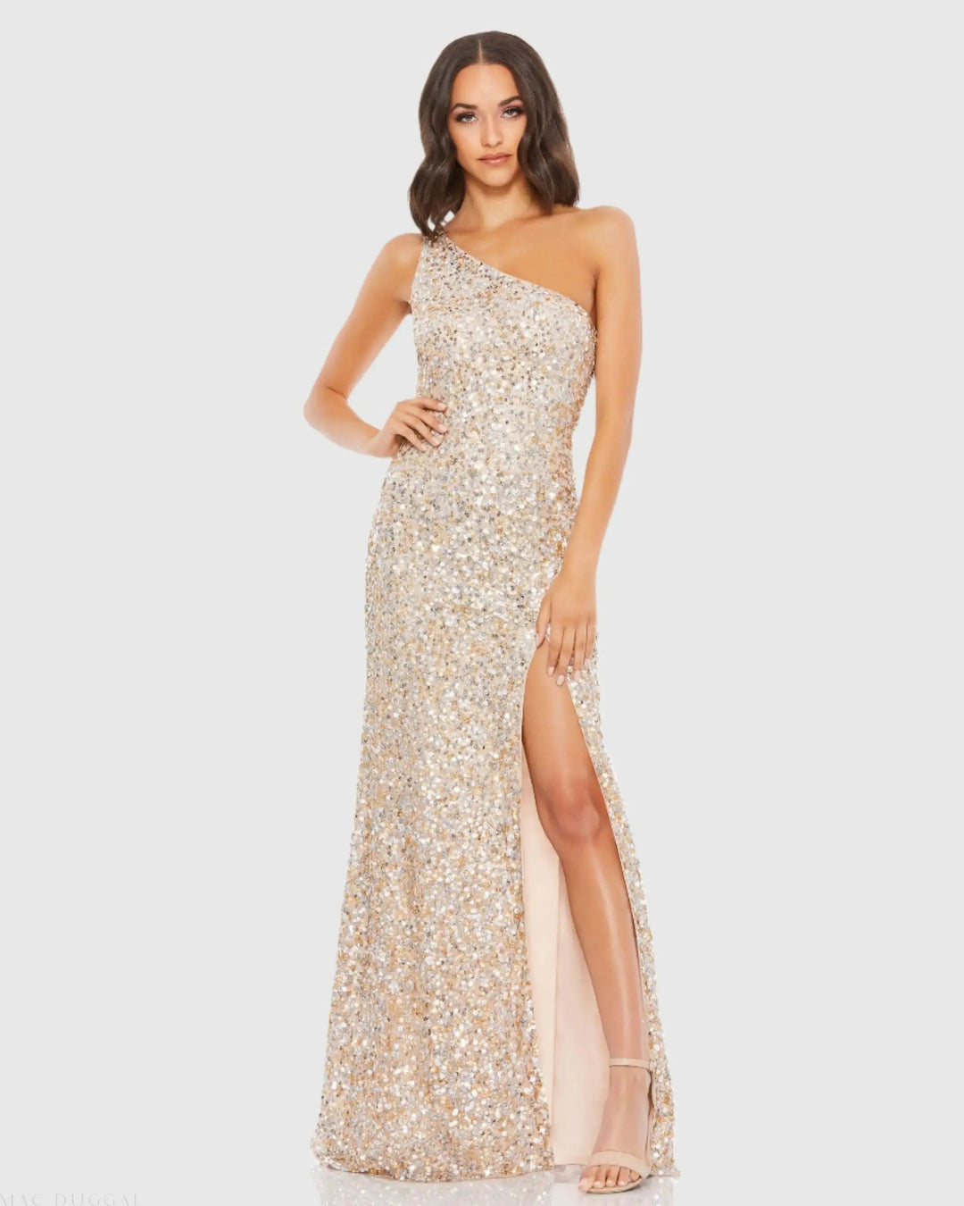 Mac Duggal 10729 Beige Sequin One Shoulder Gown With Slit