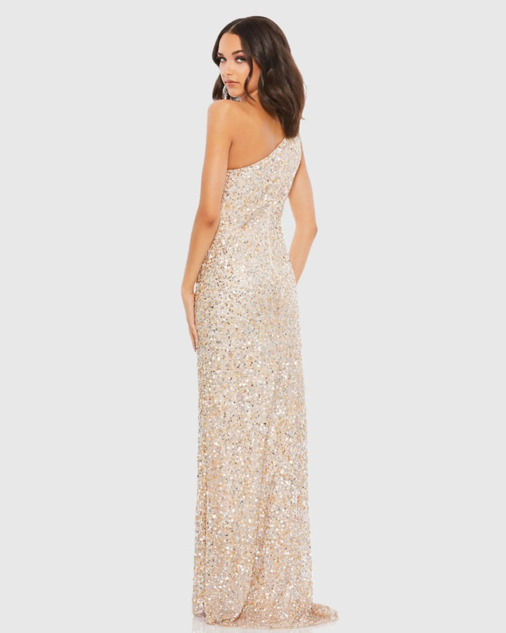 Mac Duggal 10729 Beige Sequin One Shoulder Gown With Slit
