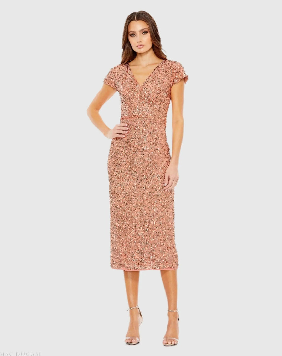 Mac Duggal 10766 Sequined Cap Sleeve Wrap Over Cocktail Dress