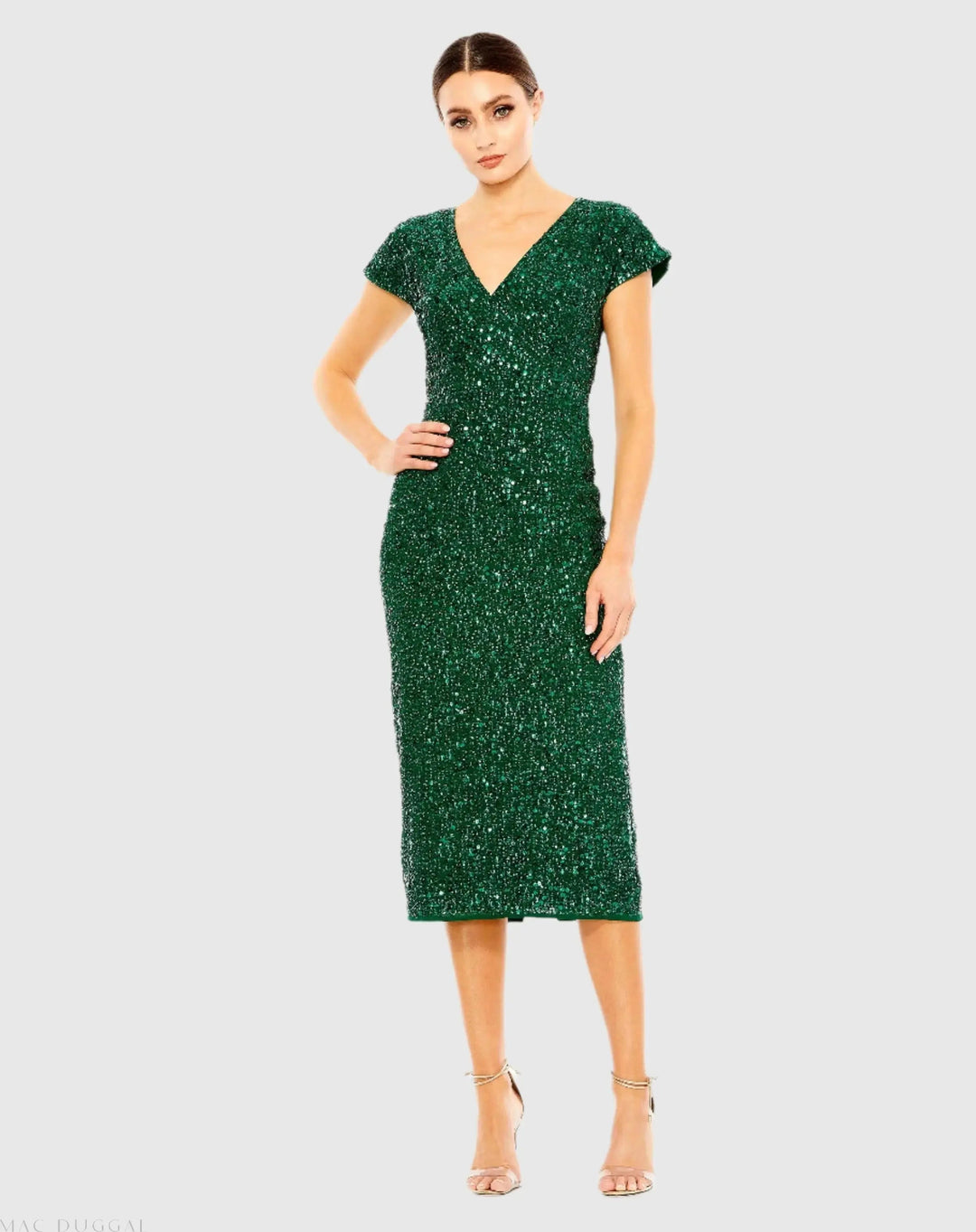 Mac Duggal 10766 Sequined Cap Sleeve Wrap Over Cocktail Dress