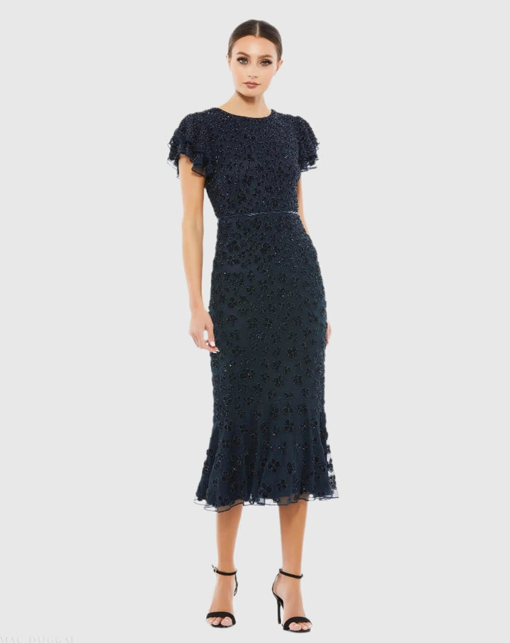 Mac Duggal 10771 Hand Beaded Flounce Sleeve Midi Dress