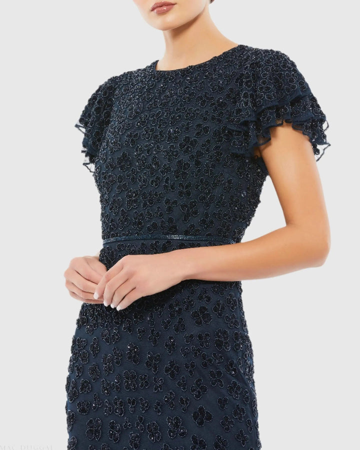 Mac Duggal 10771 Hand Beaded Flounce Sleeve Midi Dress
