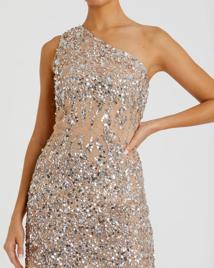 Mac Duggal 10977 Black One Shoulder Sheer Hand Sequined Mini Dress