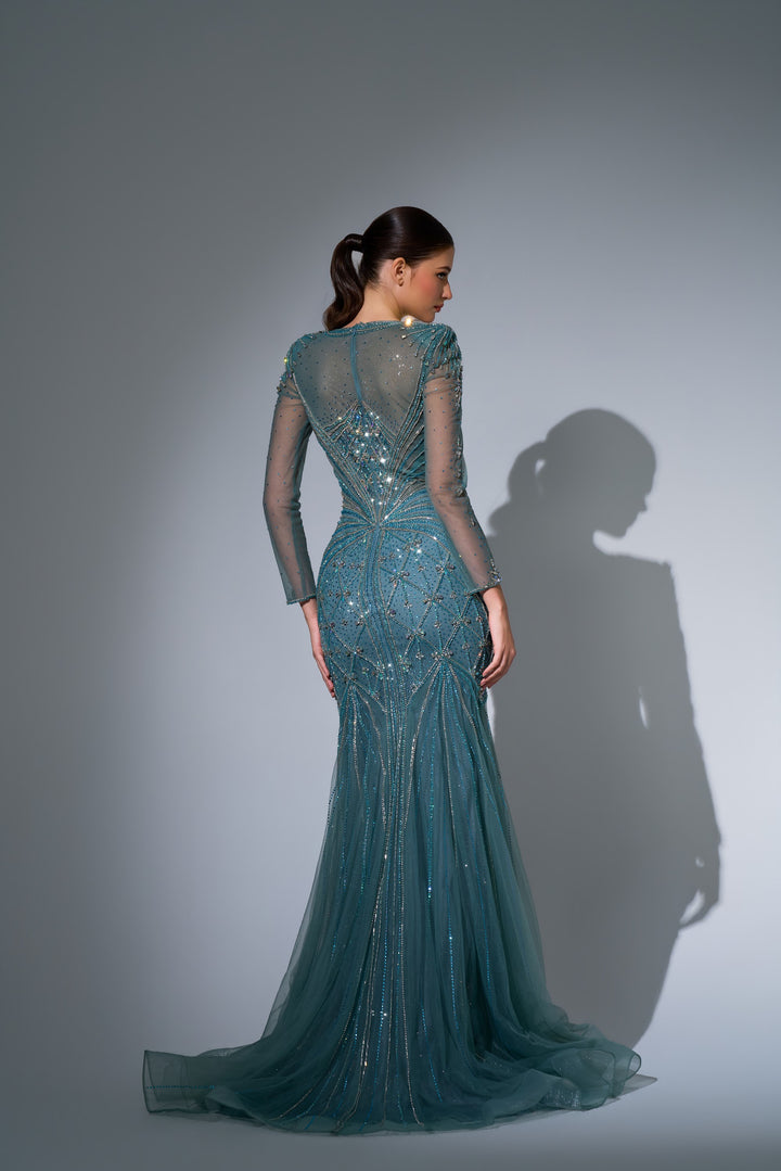 Delilah LD11592 Illusion High Neck Long Sleeve Sunburst Beaded Mermaid Gown - Green back view