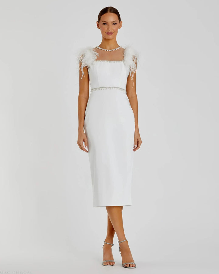 Mac Duggal 11438 lWhite Feather Cap Sleeve Pearl Embellished Tea-length Dress