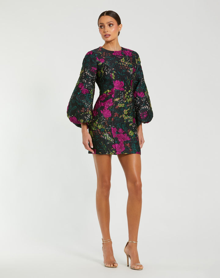 Mac Duggal 11609 Floral Brocade Puff Sleeve Fitted Mini Dress
