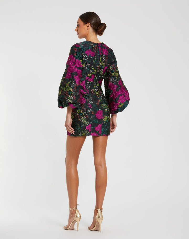 Mac Duggal 11609 Floral Brocade Puff Sleeve Fitted Mini Dress