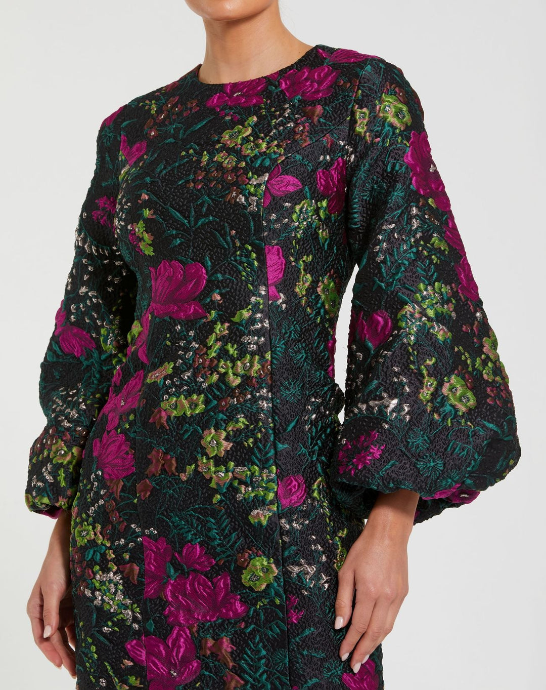 Mac Duggal 11609 Floral Brocade Puff Sleeve Fitted Mini Dress
