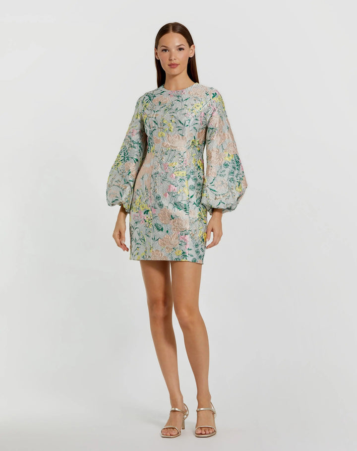 Mac Duggal 11609 Floral Brocade Puff Sleeve Fitted Mini Dress