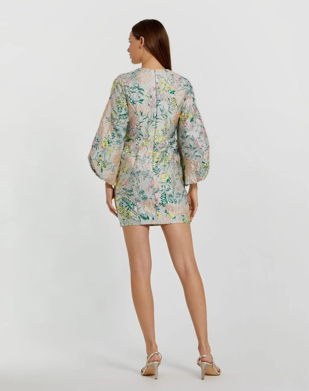 Mac Duggal 11609 Floral Brocade Puff Sleeve Fitted Mini Dress