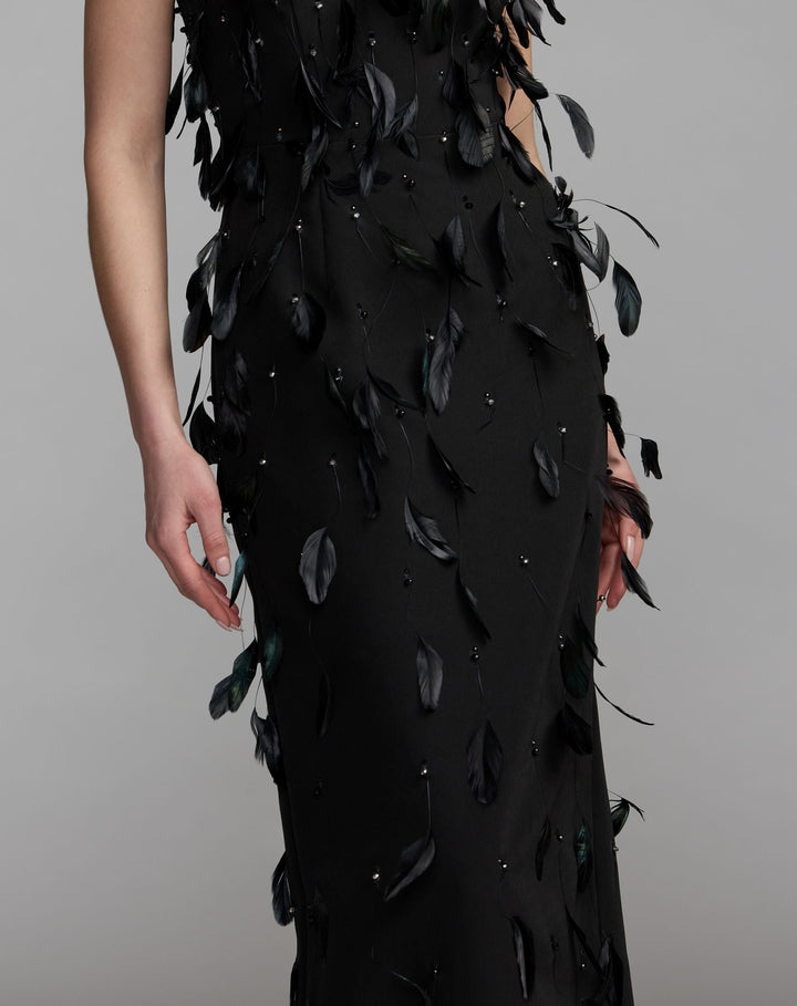 Mac Duggal 11630 High Neck Sleeveless Feather Embellished Column Dress