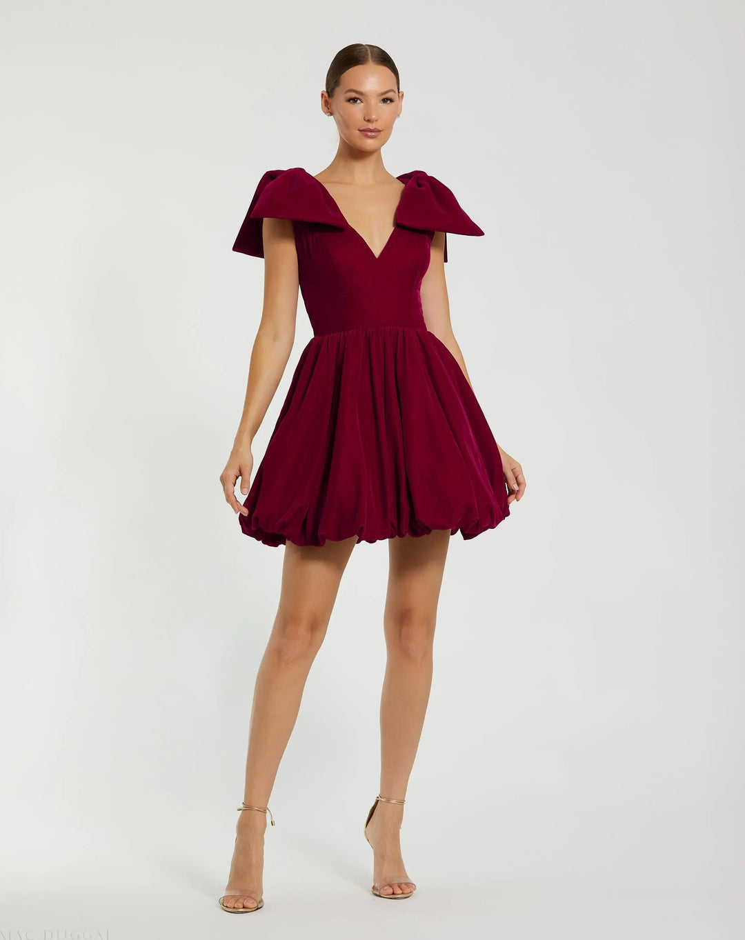 Mac Duggal 11743 Velvet Shoulder Bow Bubble Mini Dress