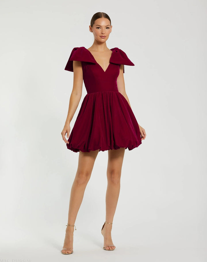 Mac Duggal 11743 Velvet Shoulder Bow Bubble Mini Dress