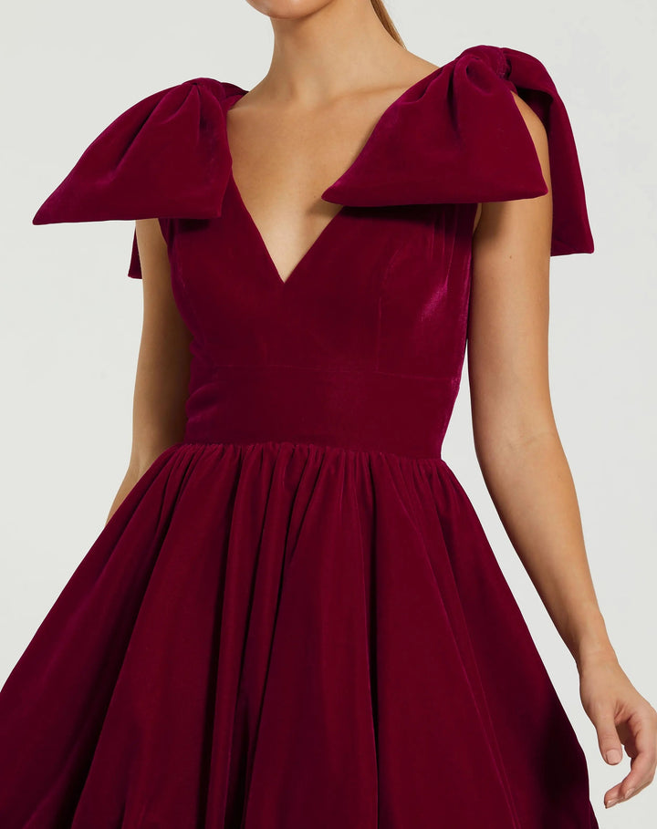 Mac Duggal 11743 Velvet Shoulder Bow Bubble Mini Dress