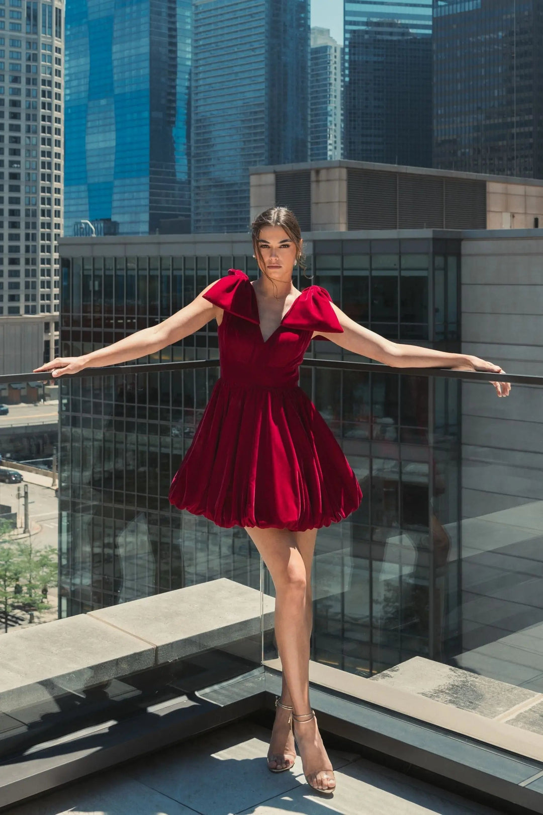 Mac Duggal 11743 Velvet Shoulder Bow Bubble Mini Dress