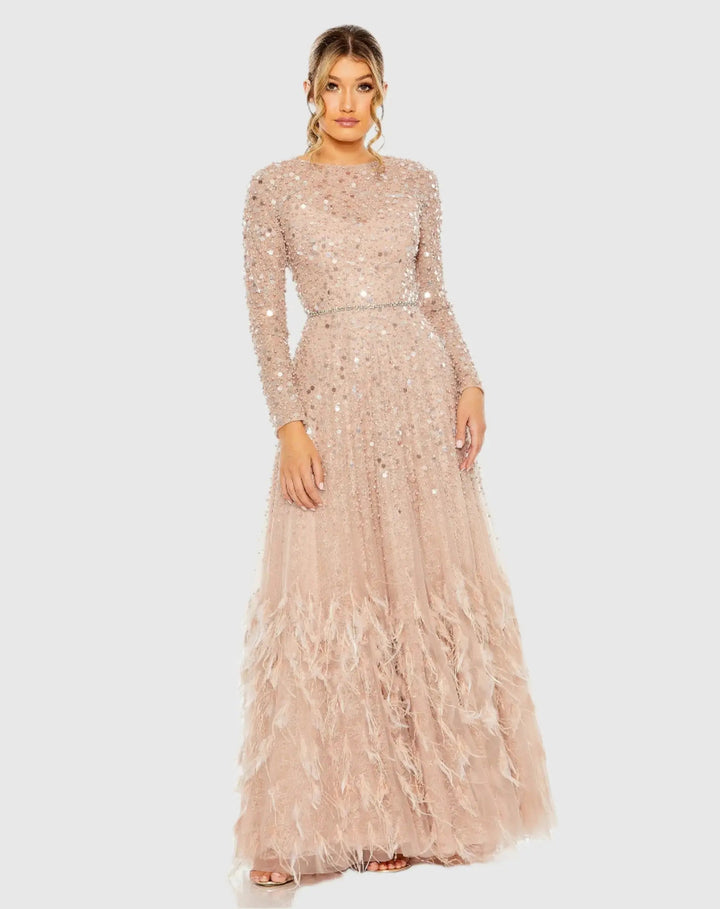 Mac Duggal 11782 Disc Embellished Sequin Gown with Feather Detail