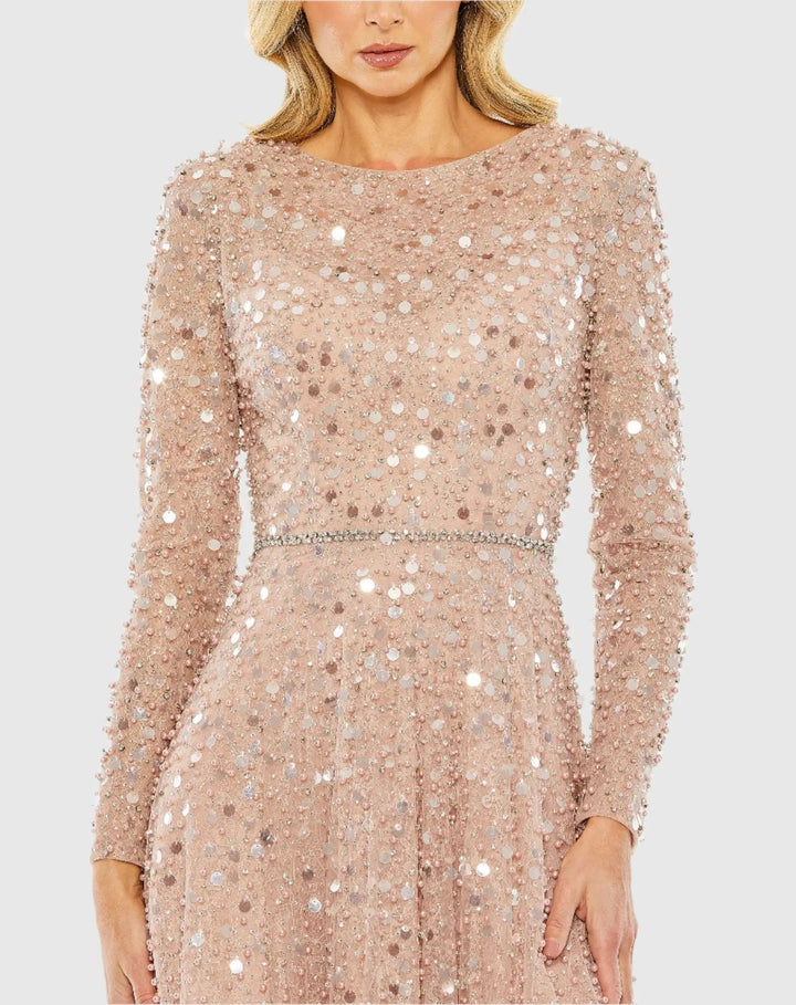 Mac Duggal 11782 Disc Embellished Sequin Gown with Feather Detail