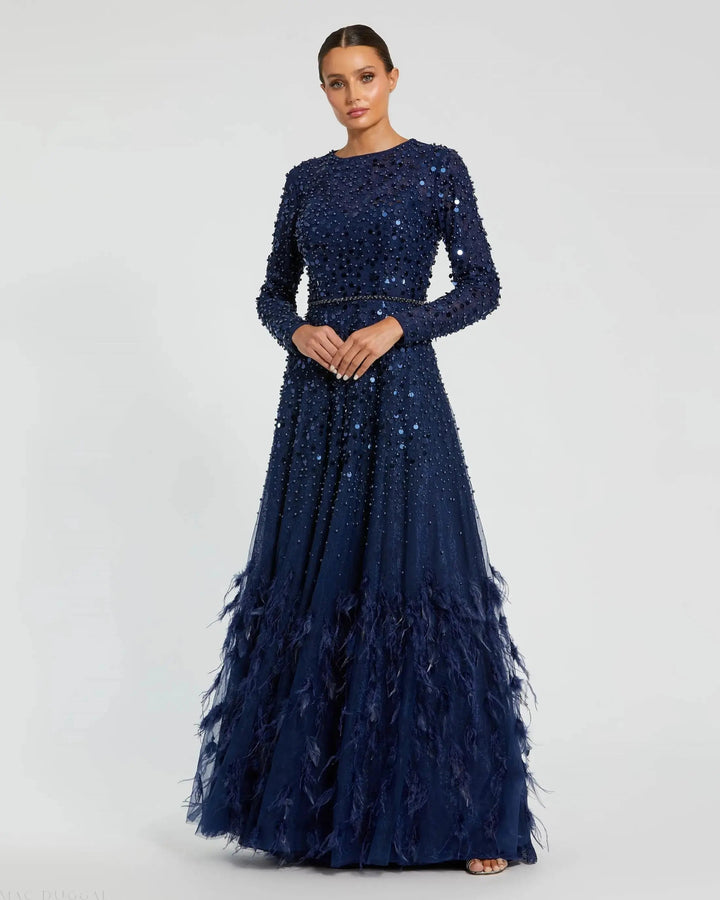 Mac Duggal 11782 Disc Embellished Sequin Gown with Feather Detail
