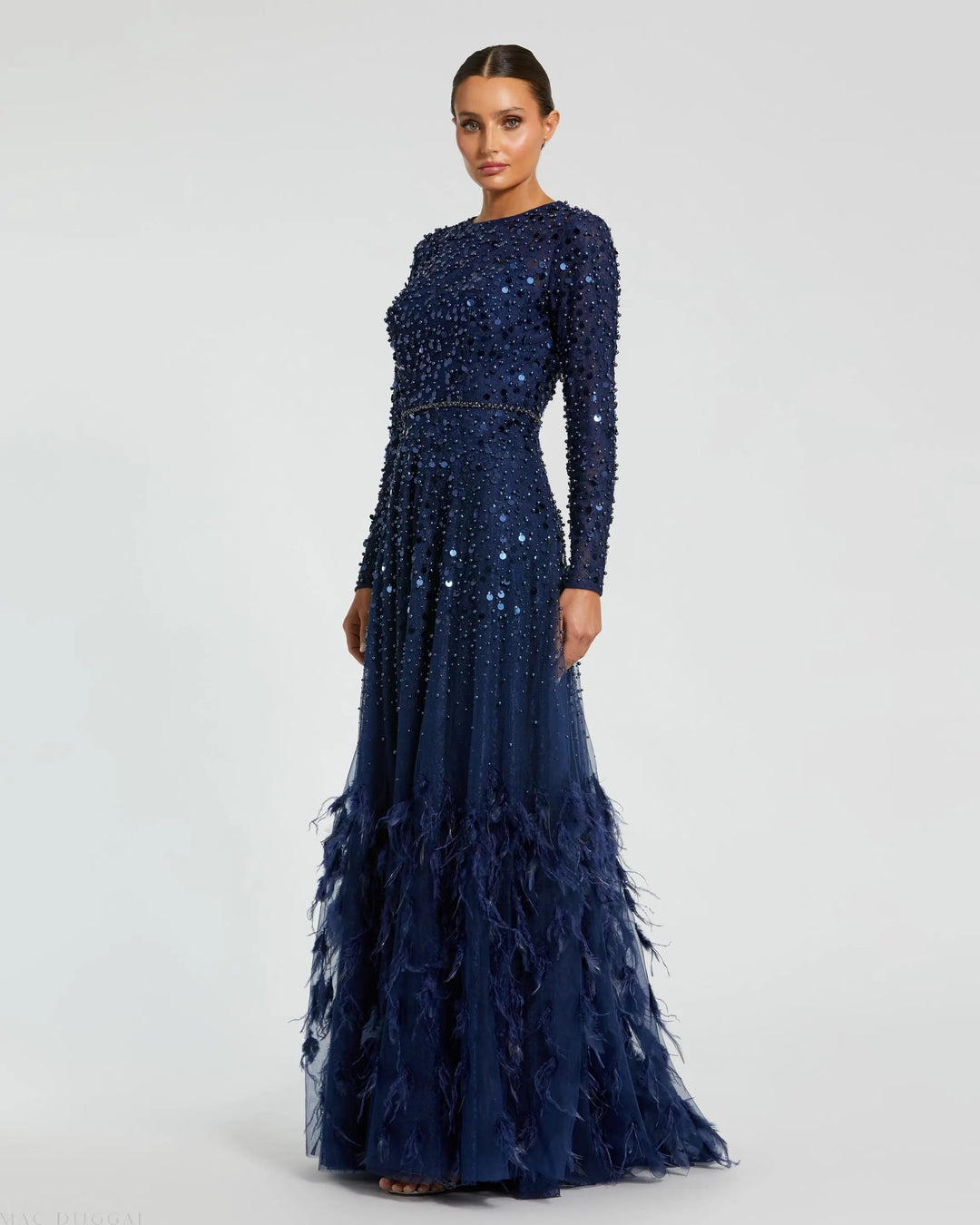 Mac Duggal 11782 Disc Embellished Sequin Gown with Feather Detail