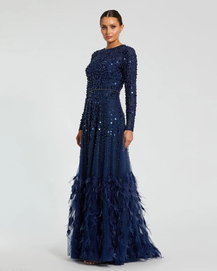 Mac Duggal 11782 Disc Embellished Sequin Gown with Feather Detail