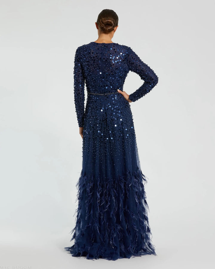Mac Duggal 11782 Disc Embellished Sequin Gown with Feather Detail