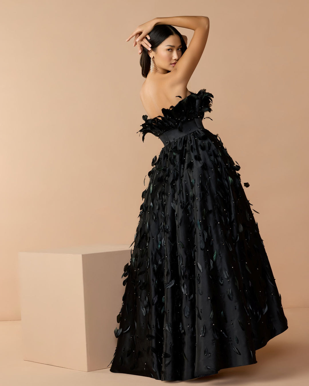 Mac Duggal 11835 Strapless Feather Embellished High Low Satin Gown