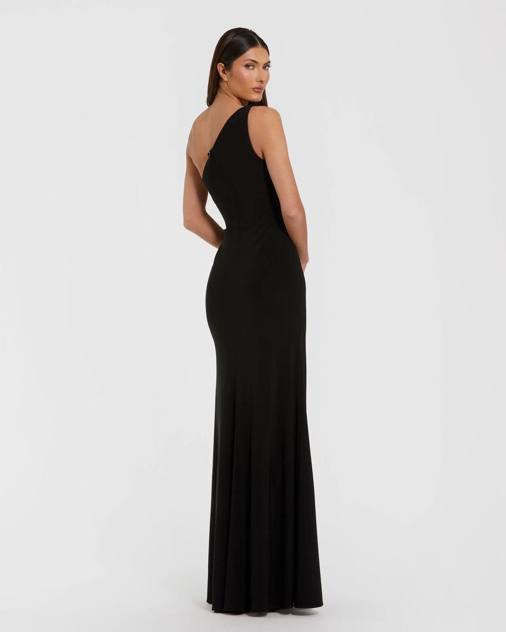 Black One Shoulder Jersey Gown With Rhinestone Flower - FOSTANI.com
