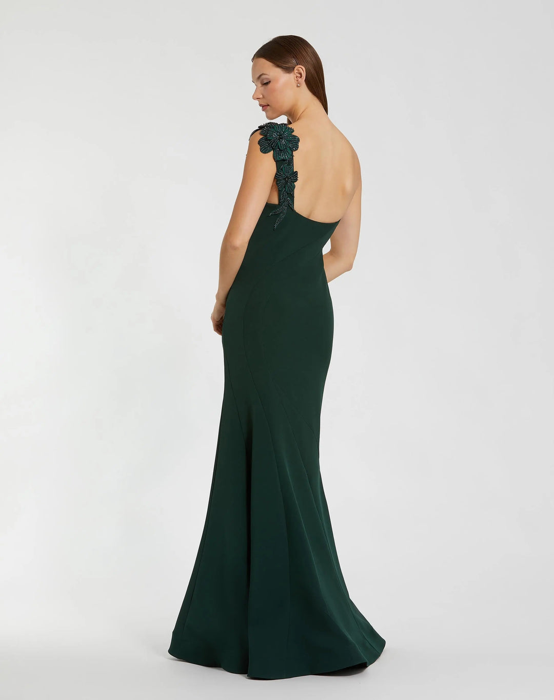 Mac Duggal SKIRT Emerald Green One Shoulder Beaded Flower Mermaid Gown