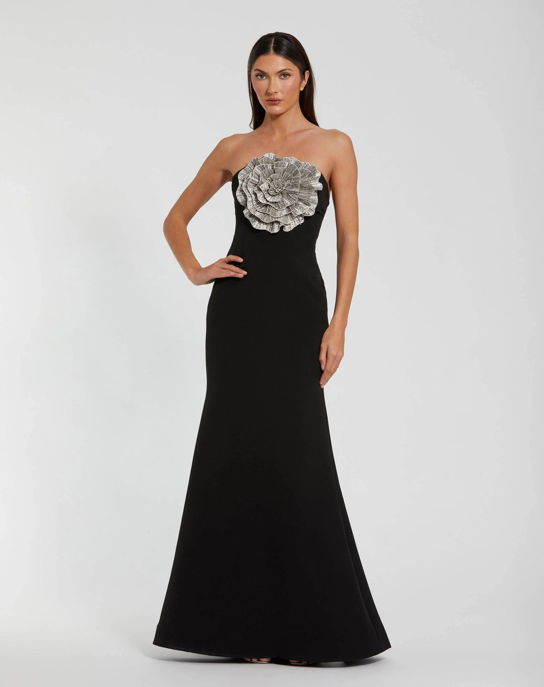 Mac Duggal 11855 Black Strapless Crepe Trumpet Gown with 3D Rhinestone Flower