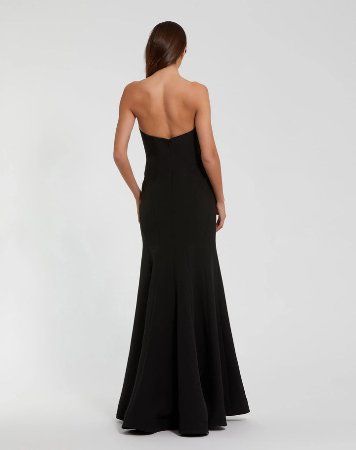 Mac Duggal 11855 Black Strapless Crepe Trumpet Gown with 3D Rhinestone Flower