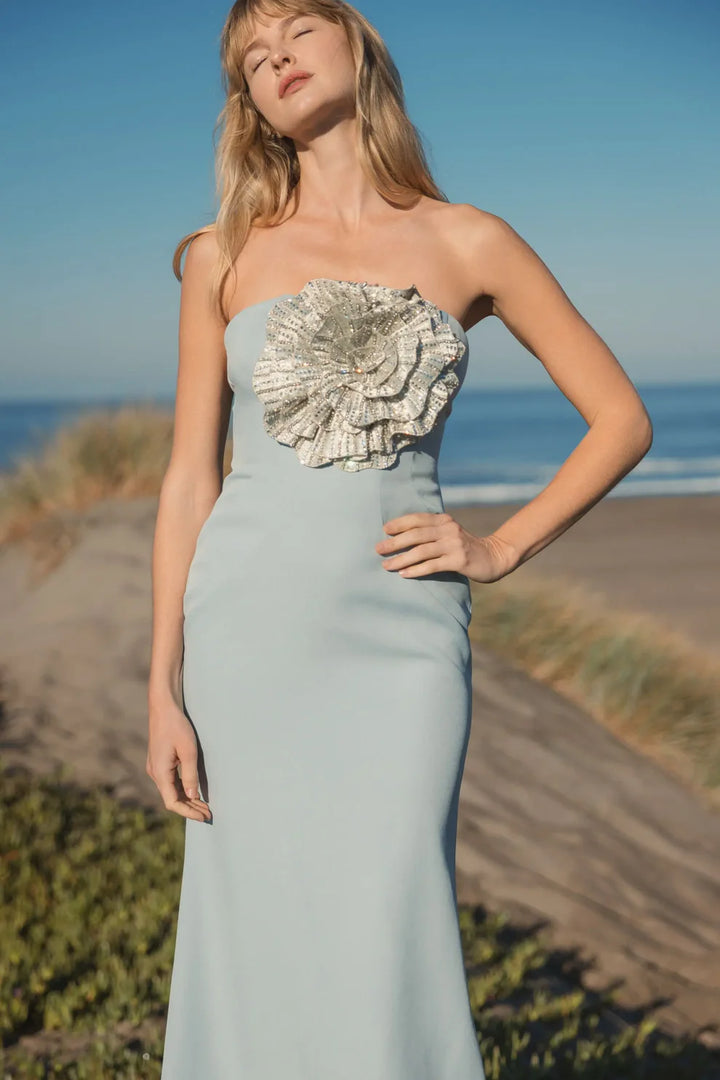 Mac Duggal 11855 Black Strapless Crepe Trumpet Gown with 3D Rhinestone Flower