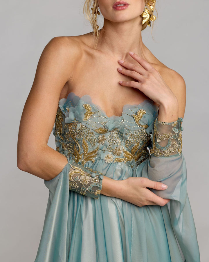 Mac Duggal 11896 Blue Floral Embellished Chiffon Cape Gown