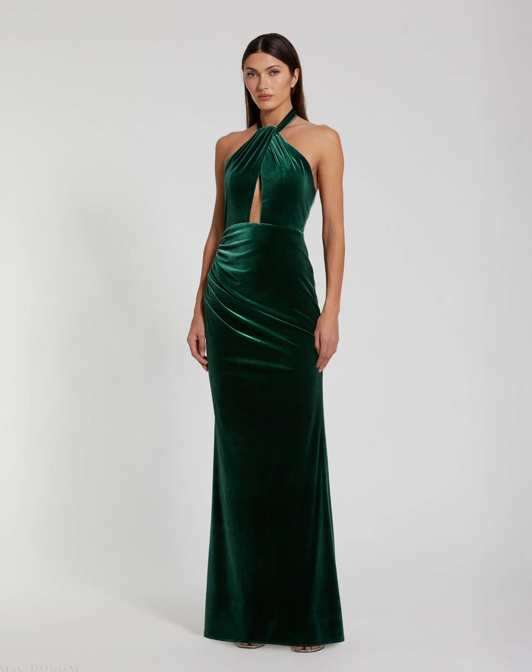 Mac Duggal 11924 Twist Neck Open Front Velvet Draped Gown