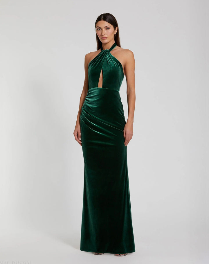 Mac Duggal 11924 Twist Neck Open Front Velvet Draped Gown