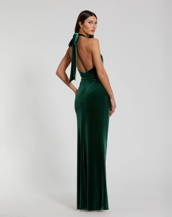 Mac Duggal 11924 Twist Neck Open Front Velvet Draped Gown