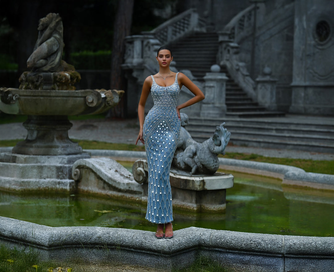 Delilah SH11590 Mirror Crystal Embellished Column Gown with Wide Straps - Blue front view