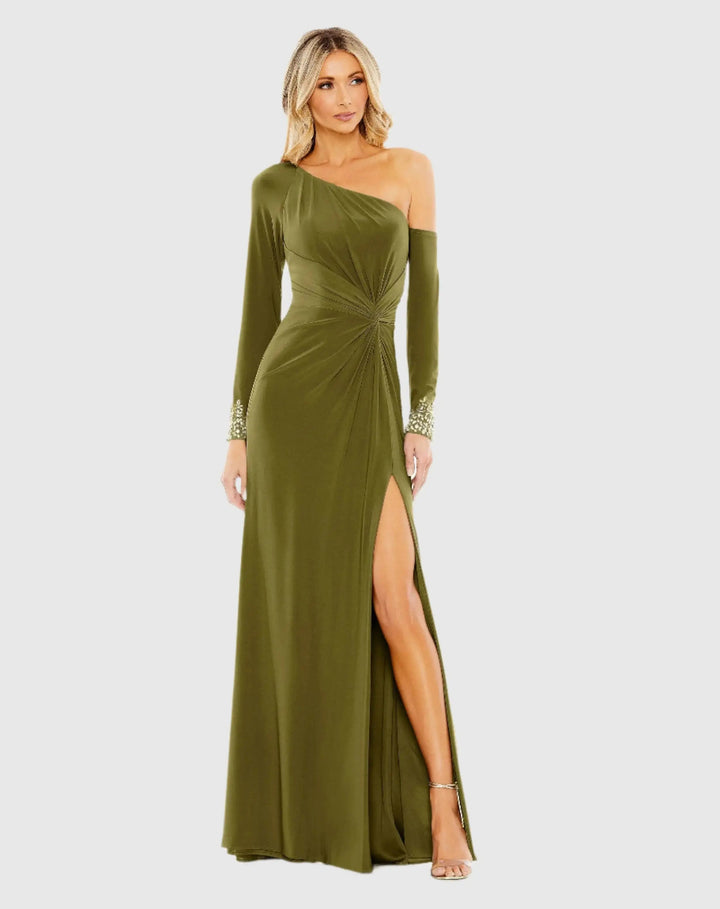 Mac Duggal 12489 Side Twist Drop Shoulder Beaded Cuff Gown