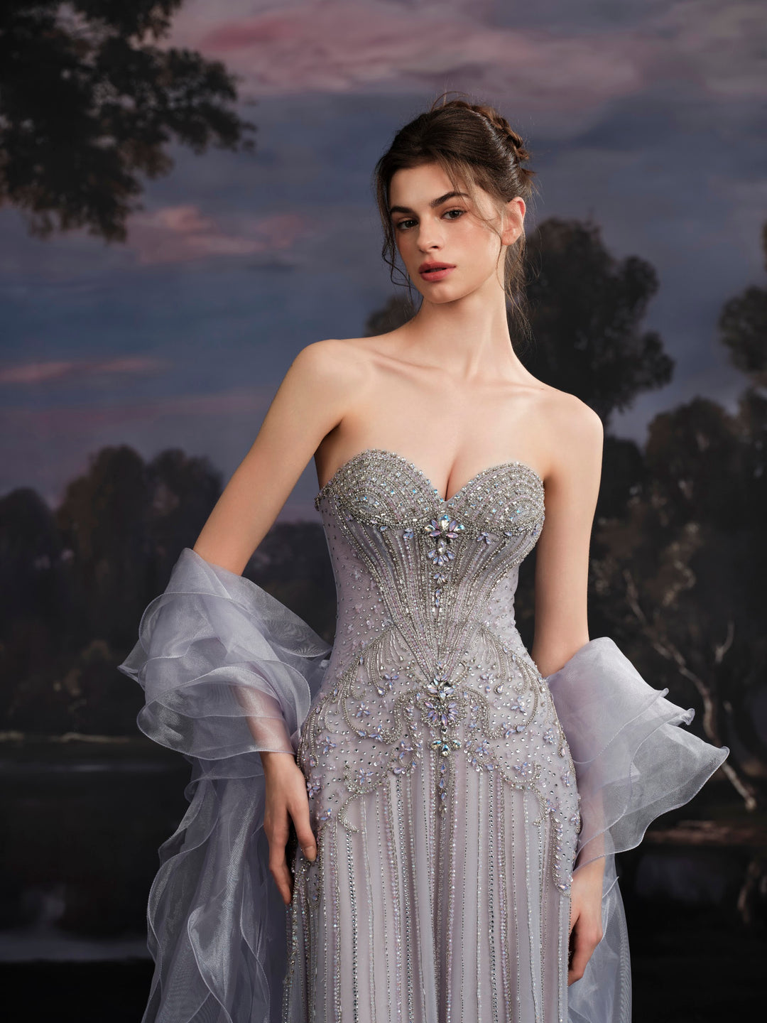 Delilah SH12070 Strapless Crystal Corset Column Gown with Ruffled Organza Stole - Purple close-up view