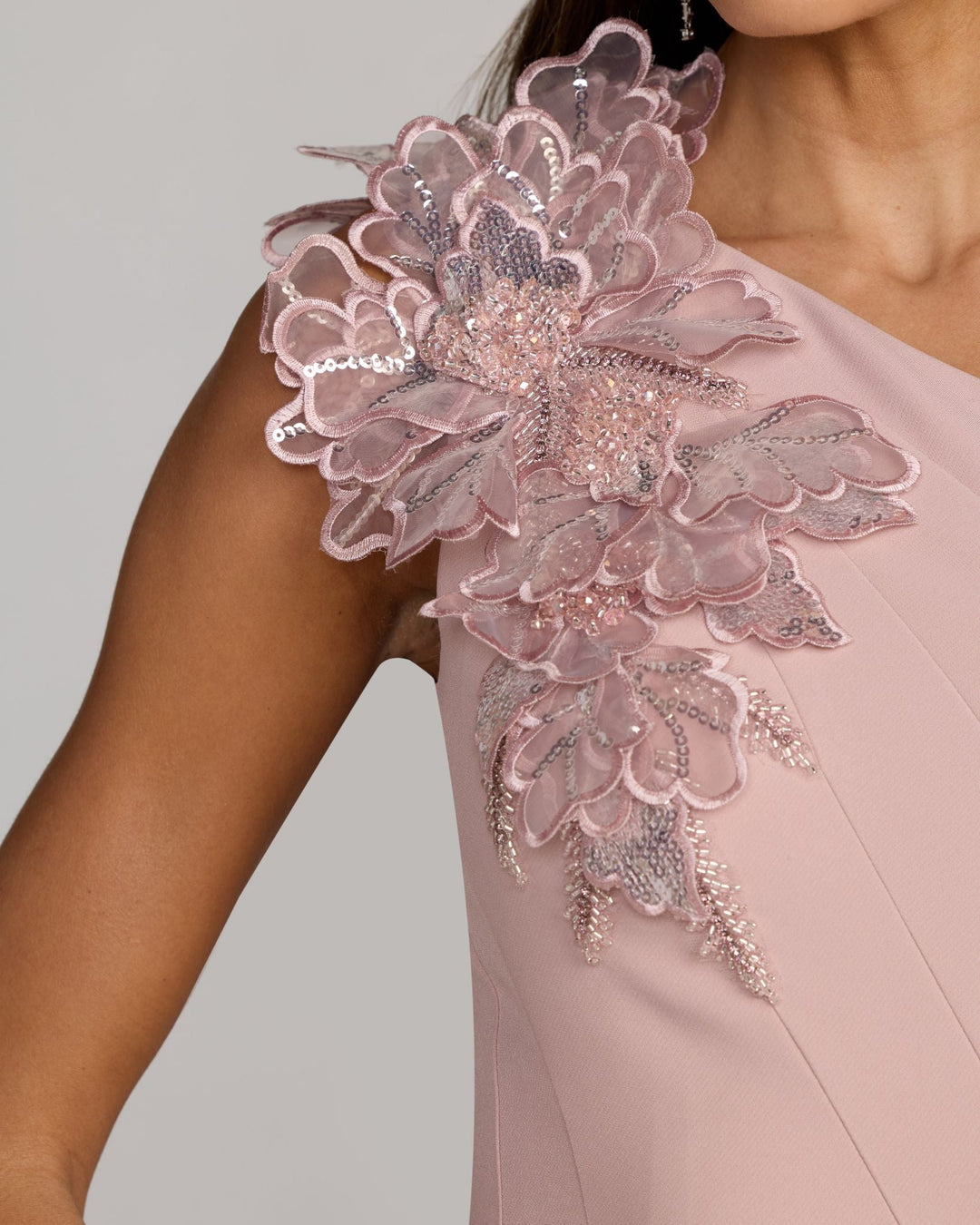 Pink One Shoulder Trumpet Midi Dress with 3D Flower - FOSTANI.com