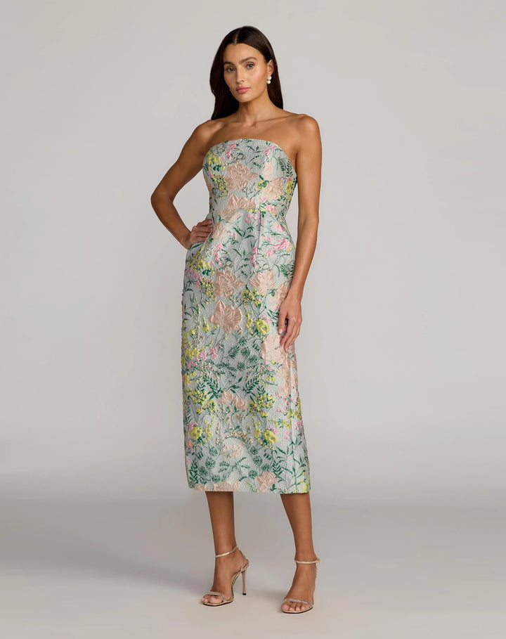 Multicolor Strapless Brocade Midi Dress With Pockets - FOSTANI.com