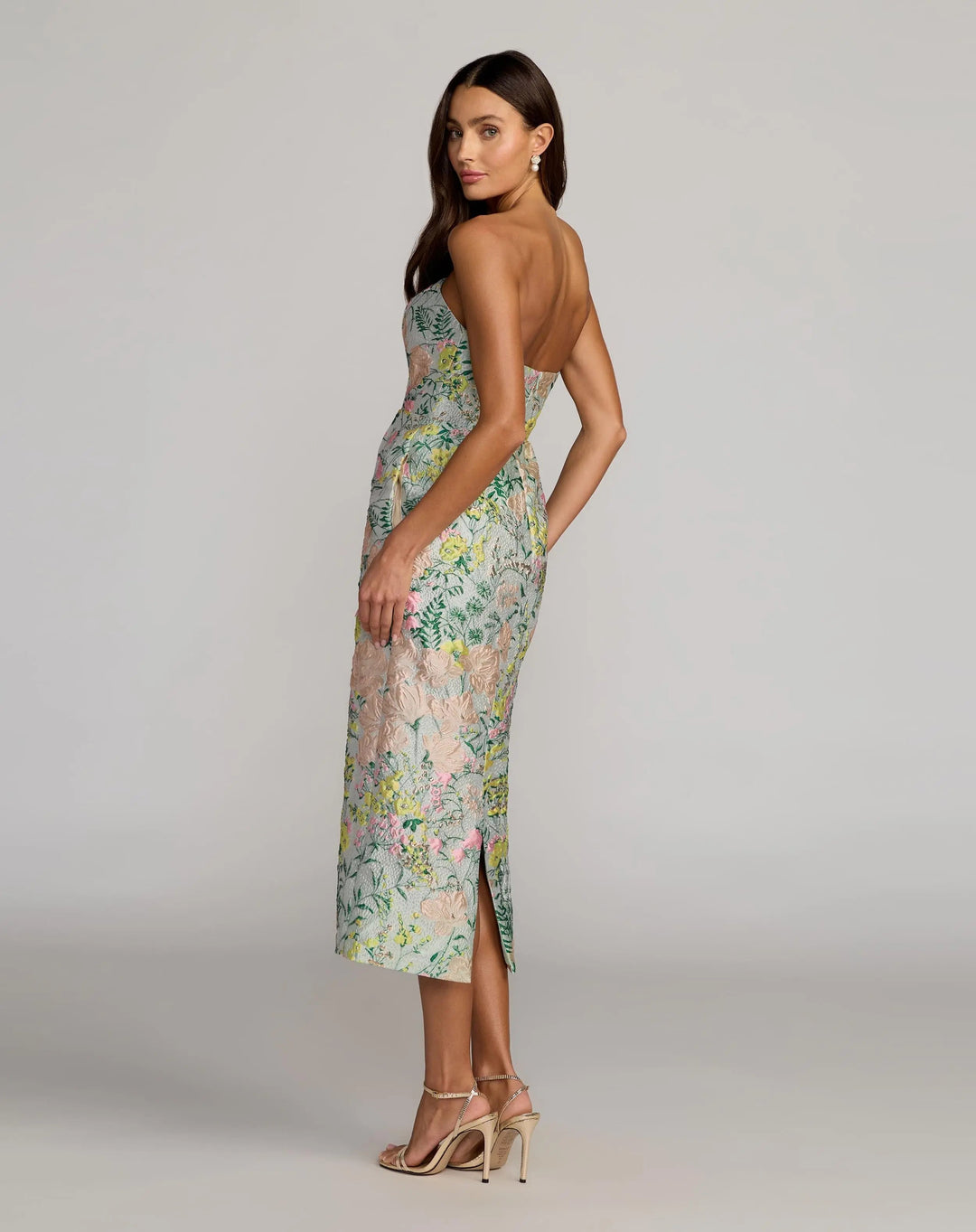 Multicolor Strapless Brocade Midi Dress With Pockets - FOSTANI.com