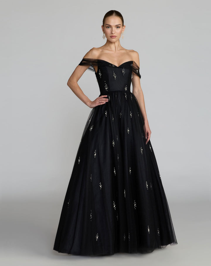 Mac Duggal 13227	Black Pearl Embellished Off the Shoulder Ball Gown