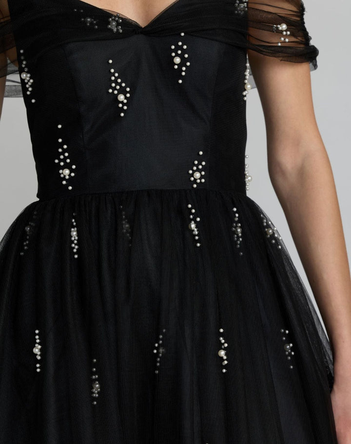Mac Duggal 13227	Black Pearl Embellished Off the Shoulder Ball Gown