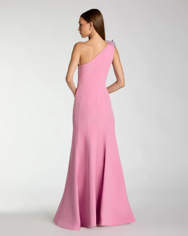 Pink One Shoulder Mermaid Gown With 3D Flower - FOSTANI.com
