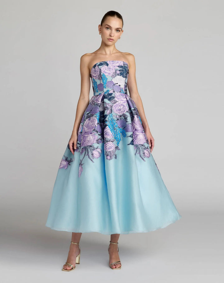 Blue Floral Embroidered Strapless Organza Midi Dress - FOSTANI.com